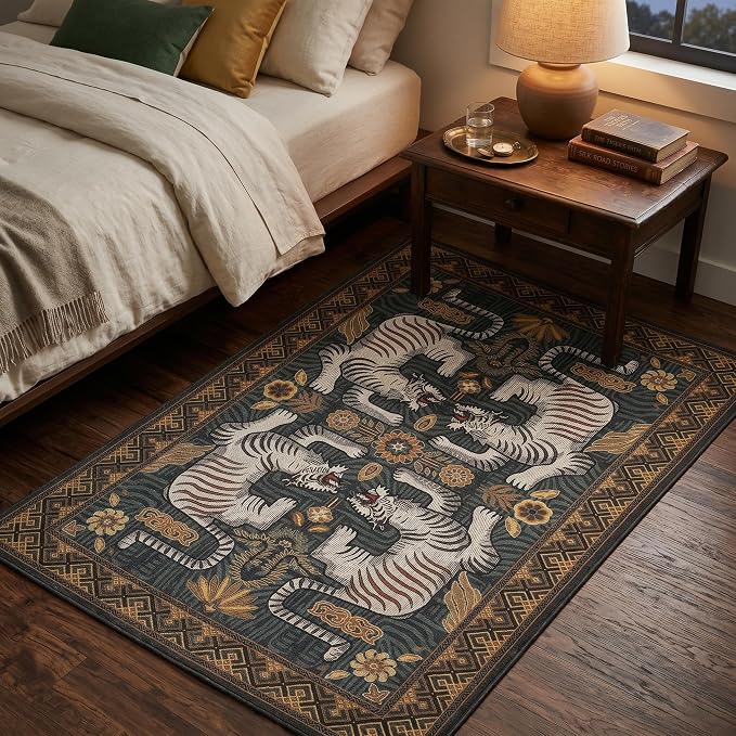 GarveeHome 3x5 Tiger Washable Area Rug for Entryway, Boho Blue Bedroom Rug Non Slip Vintage Tribal Soft Animal Print Carpet Stain Resistant Throw Rug for Kitchen Dorm Kids Room Office Dining Room