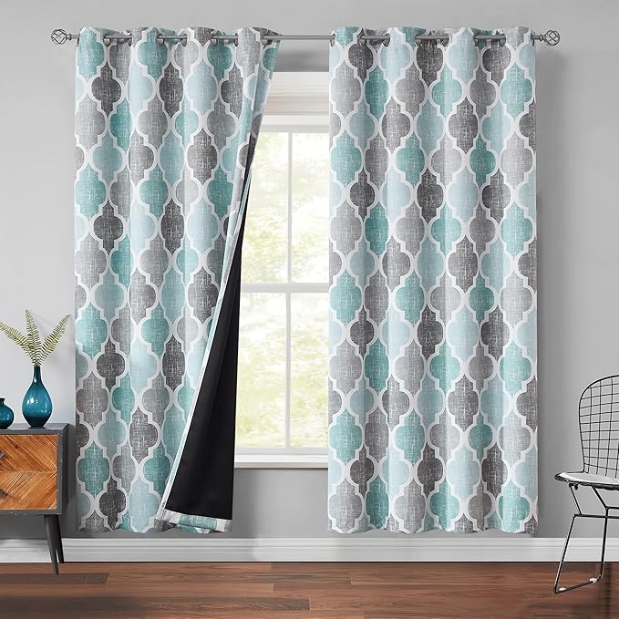 Beauoop Moroccan 100% Blackout Curtains Bedroom Aqua Grey 50x72 2 Panels | Geometric Room Darkening Drapes for Living Room 72 Inch Long Thermal Insulated Soundproof Lattice Window Treatment Grommet