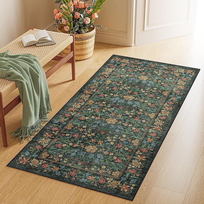 DUKINO 2x4 Rug, Washable Vintage Floral Bathroom Runner Rug, Green | Non Slip, Low Pile, Stain Resistant, Aesthetic Lightweight Soft Indoor Carpet for Kitchen Entryway Hallway Bathroom Bedroom