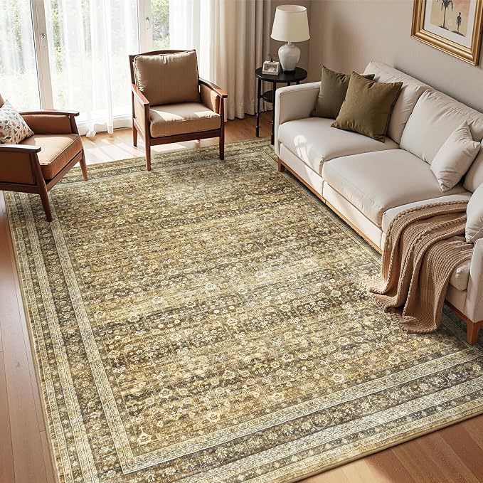6x9 Washable Area Rugs for Living Room Bedroom, Boho Non-Slip Rug | Vintage Distressed Retro; Low Pile; Stain Resistant; Neutral Soft Carpet for Dining Room, Nursery, Home Office; Caramel Brown