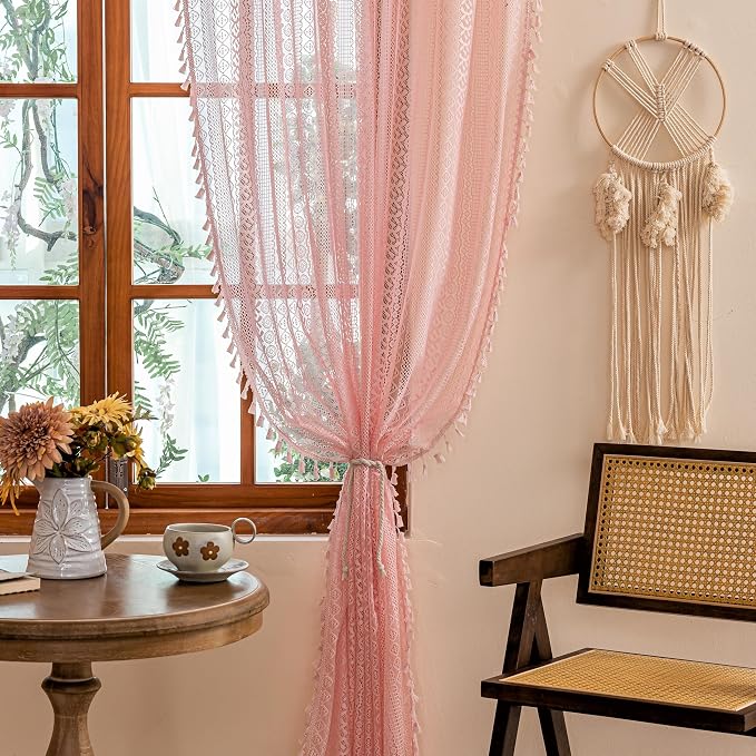 Sutuo Home Boho Curtains 2 Panels for Nursery Kid's Room,Sheer Lace Curtains Crochet Vintage Chic Tassels Farmhouse Bohemian Drape Privacy Window Treatments Rustic Rod Pocket, 50" x 63" Light Pink