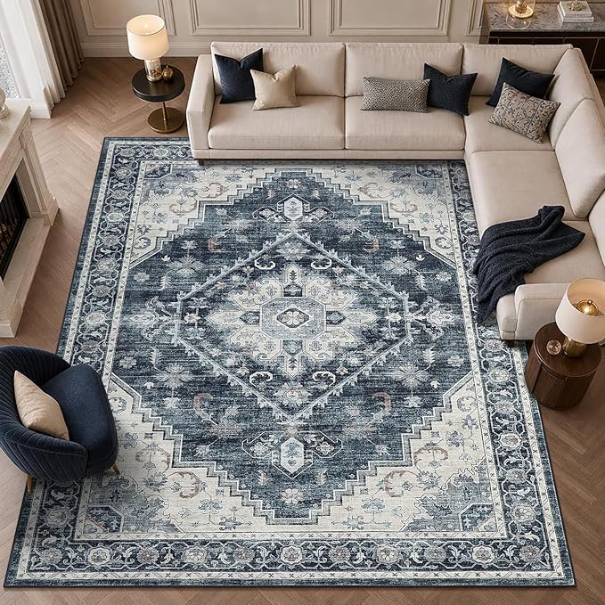 Garvee Navy Blue 8x10 Area Rugs for Living Room, Boho Vintage Non-Slip Washable Rug Low Pile Stain Resistant Soft Foldable Large Carpet for Bedroom Dining Home Decor
