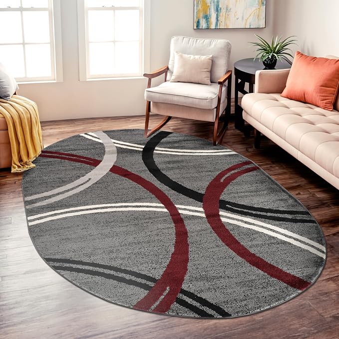 Rugshop Wavy Circles Modern Non-Shedding Living Room Oval Rug Red 5' x 7'