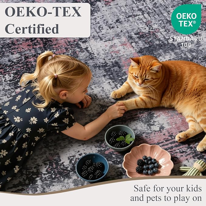 Sasttie 8ft Soft Round Area Rug, Modern Abstract Washable Large Circle Carpet for Living Room, Bedroom, Dining Room Table, with Non-Slip Backing, Black and Pink