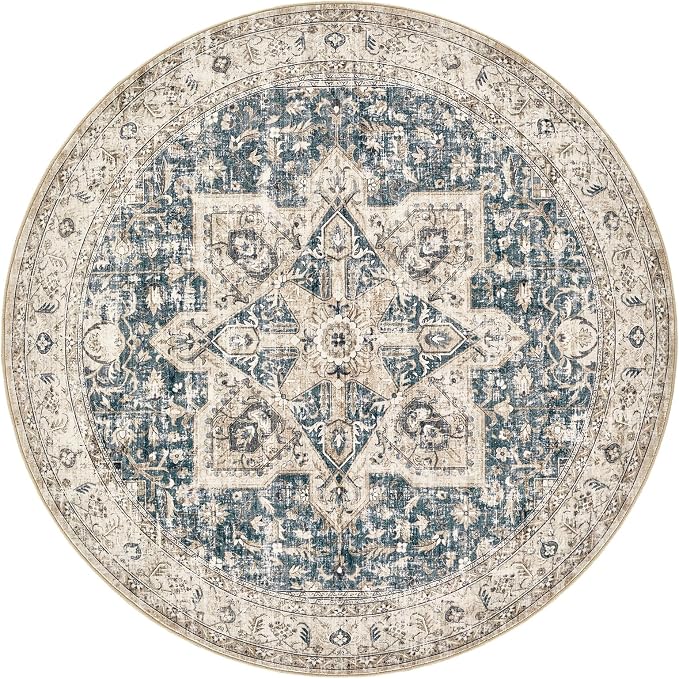 Tortania 5' Round Area Rug Living Room Rugs - Washable Boho Rug Vintage Oriental Distressed Farmhouse Large Thin Indoor Carpet for Bedroom Under Dining Table Home Office - Cream/Blue
