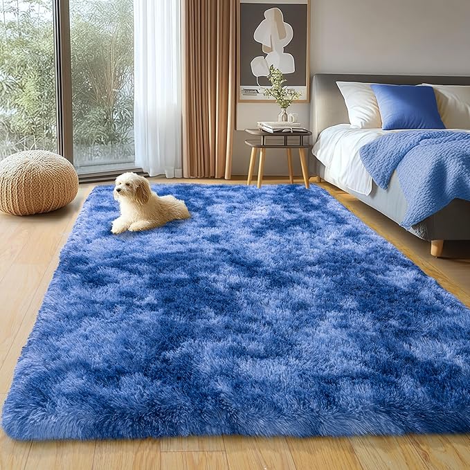 Fluffy Shag Rug for Bedroom, 4x5.9 ft Area Rugs Living Room | Tie-Dyed Blue, Soft and Comfy, Fuzzy Bedside Carpet for Nursery and Kids Room, Girl, Boys Dorm Home Decor Aesthetic, Non Slip