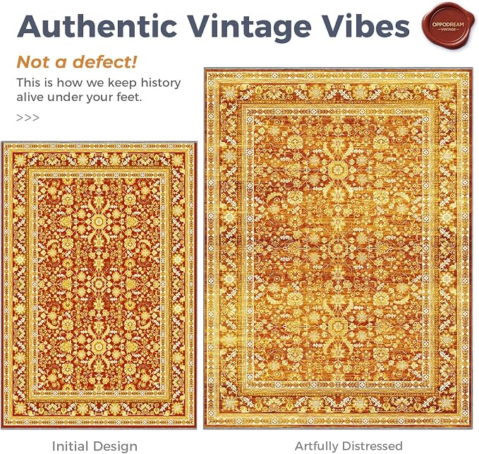 OPPODREAM Vintage Orange Area Rugs 10x14, 10 x 14 Retro Washable Rug Non Slip, Low-Pile Faux Wool Carpet, Distressed Floor Mat for Living Room, Bedroom, Office, Dorm, Dinning Room, Big & Large