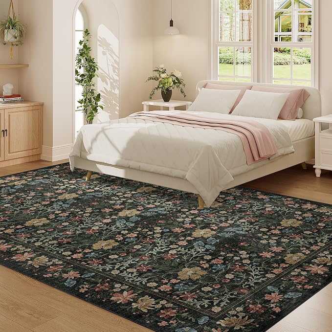DUKINO 5x8 Area Rug, Vintage Floral Washable Rugs for Living Room, Black | Non Slip, Low Pile, Stain Resistant, Non-Shedding Soft Boho Floor Carpet for Bedroom, Dining Room, Home Office, Farmhouse