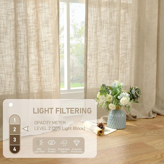 LAMIT 45 Inch Short Window Linen Curtains, Light Filtering Panels Back Tab and Rod Pocket Neutral Drapes for Cafe/Bathroom/Loft Room, Brown, 2 Panels, 34 x 45 Inch