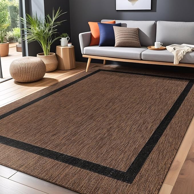 Luul Home Bordered Outdoor Rug 6x9 Washable Outside Carpet for Indoor Patio Porch Waterproof Easy Cleaning Non Shedding Area Rugs Nut Brown - Black 6 x 9