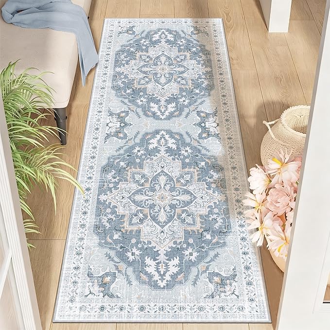 2x6 Runner Rug, Soft Non-Slip Vintage Medallion Rug, Low-Pile Printed Indoor Runners for Entryway, Hallways, Kitchen, Laundry Room, Bedside -Blue/Gray | Low-Pile Printed Indoor Runners for Entryway, Hallways, Kitchen, Laundry Room, Bedside