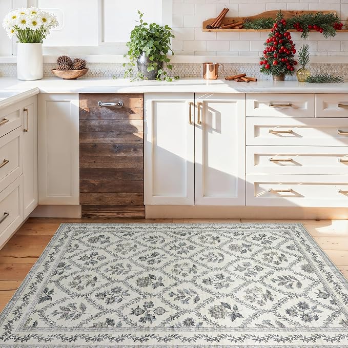 Blue Bedroom Rug 4x6 Washable Non Slip Area Rug Bohemian Carpet Blue Green with White Floral Boho Modern Farmhouse Floral for Bedroom Foldable 4x6 for Living Room, Kitchen