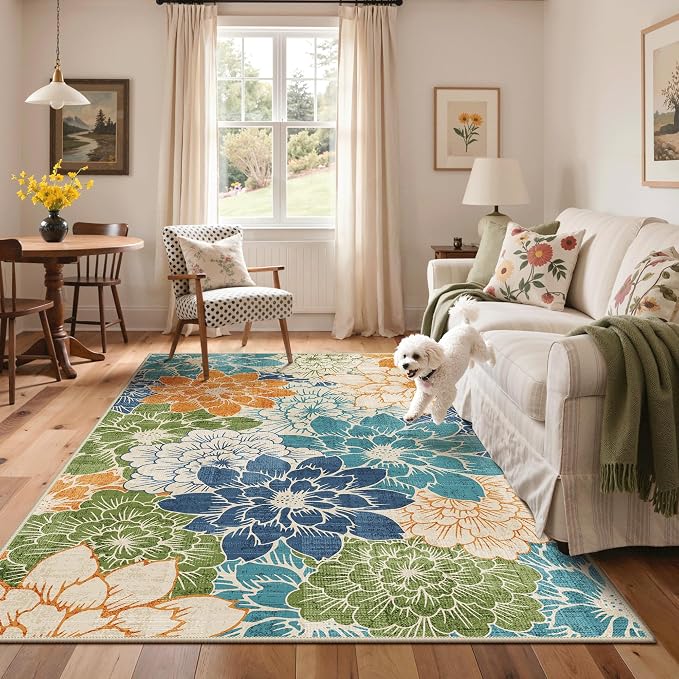 GENIMO 5x8 Outdoor Rug, Washable for Patio and Deck, Teal Blue | Floral design for porch; fade resistant chenille with quick-dry non-slip backing for indoor sunroom