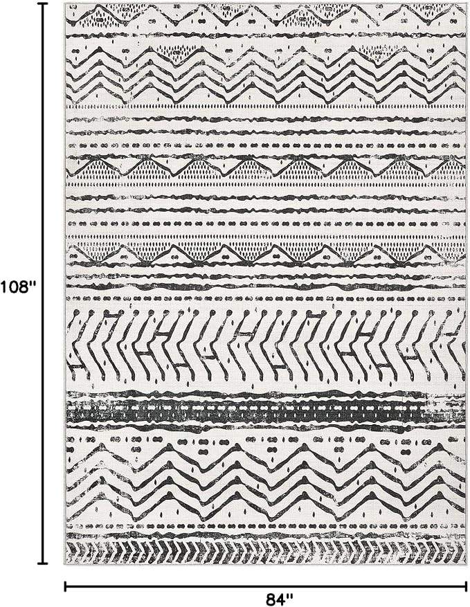 Nakagishi Black Rug for Living Room: 7x9 Washable Boho Large Neutral Soft Farmhouse Area Rugs Stain Resistant Modern Geometric Non-Slip Indoor Floor Carpet for Bedroom Playroom Office Dining Room