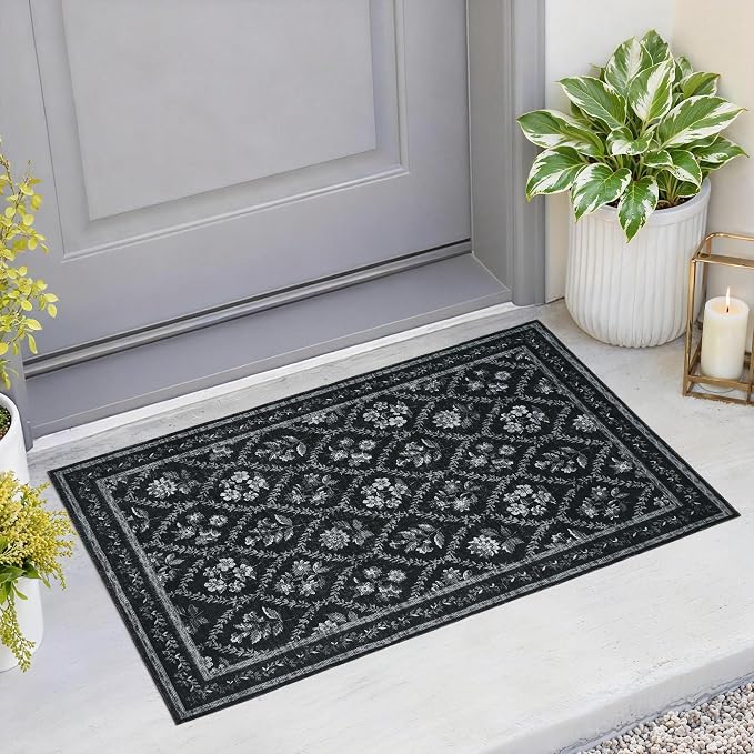 Black Floral Area Rug for Entryway 2x3 Washable Small Rug Low Pile Non Slip Distressed Entry Mat Soft Farmhouse Indoor Entrance Door Mat for Kitchen Bedroom Home Office Black Grey and White