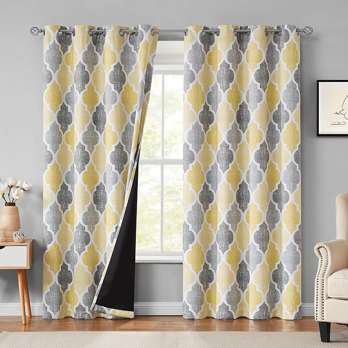 Beauoop Moroccan 100% Blackout Curtains Bedroom Yellow Grey 50x84 2 Panels | Geometric Room Darkening Drapes for Living Room 84 Inch Long Thermal Insulated Soundproof Lattice Window Treatment Grommet