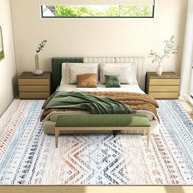 Miukiki 8x10 Area Rug for Living Room Moroccan Washable Rugs Non Slip Indoor Floor Carpet Foldable Large Soft Area Rug for Dining Room Bedroom with Low Pile(Colorful,8'x10')