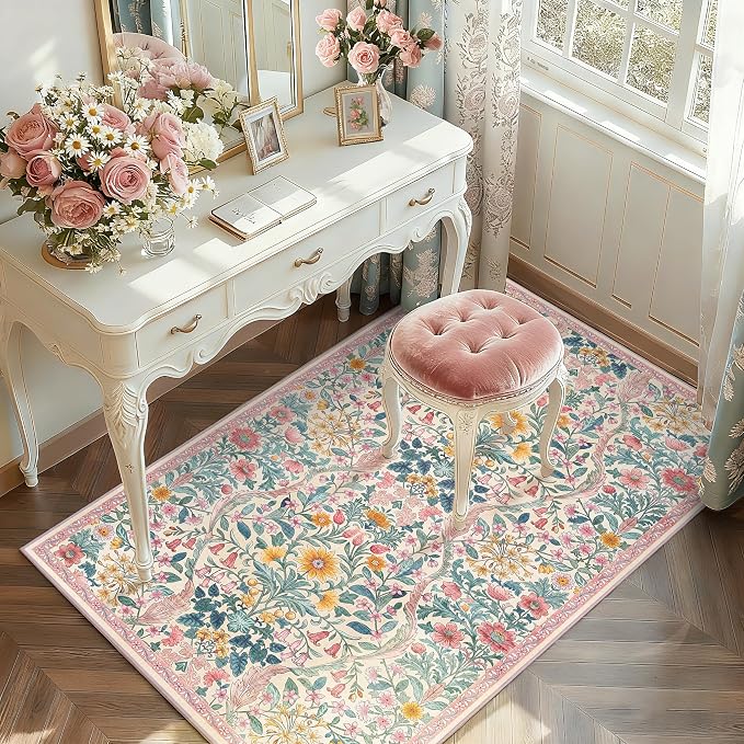 3x5 Light Pink Boho Floral Washable Rug,Soft Lightweight Low Pile Non-Shedding Carpet,Machine Washable Stain Resistant & Non-Slip for Entryway,Girls Bedroom,Kids Room,Living Room
