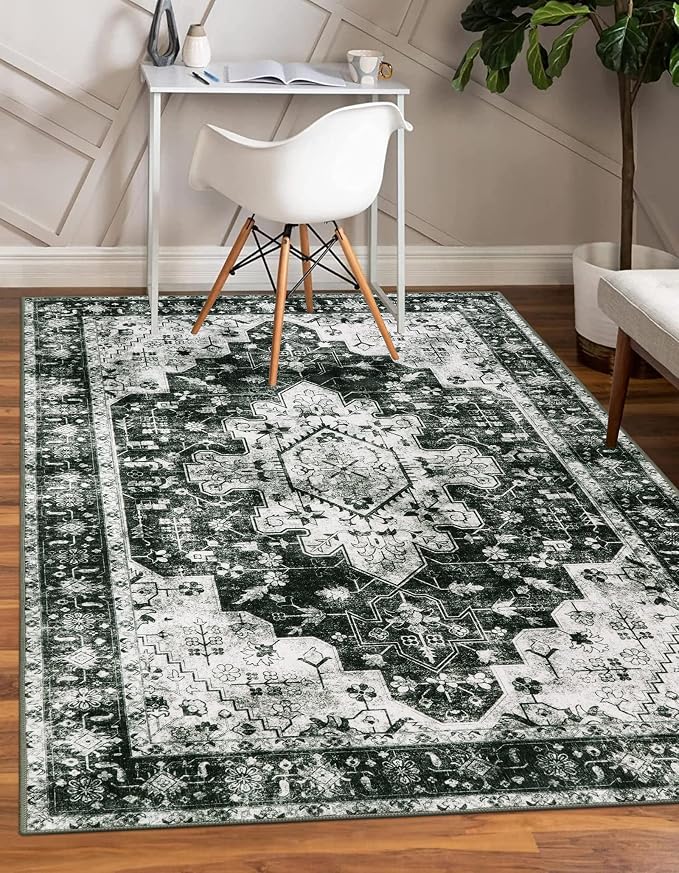 Moynesa Ultra-Thin Washable Vintage 5x7 Area Rugs - Large Boho Living Room Rug Non-Slip Non-Shedding Stain Resistant Indoor Floor Carpet for Bedroom Dining Room Entryway, Black/White