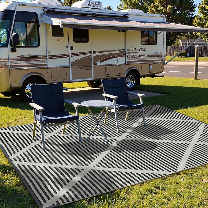 Lahome 6x9 Outdoor Plastic Straw Rug, Plastic Straw Reversible Camping Rug for Tent, Large Weatherproof Outside Carpet for Rv Beach Backyard Balcony Deck, Grey 6'x9'