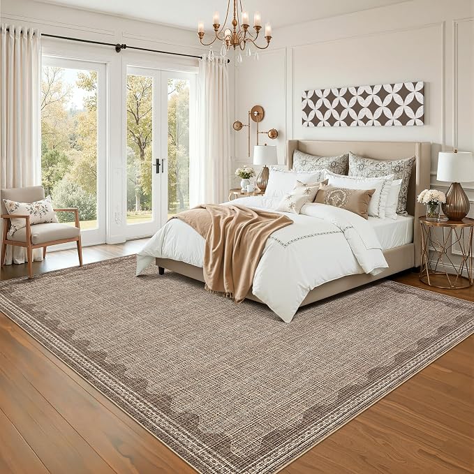 GarveeHome Scalloped Washable Rugs 9x12 Rug for Living Room Non-Slip Solid Coffee Modern Minimalism Low-Pile Carpet 9 x 12 Rug for Bedroom Dining Nursery Mat with Rubber Back