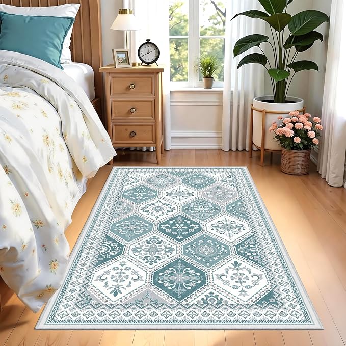 3x5 Washable Rug, Soft Non-Slip Boho Moroccan Rug, Low-Pile Printed Indoor Teal Throw Rugs for Entryway, Kitchen, Bedroom Bedside, Entrance- Teal