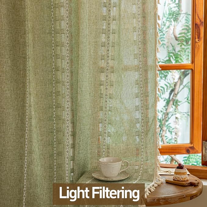 Boho Sheer Sage Green Curtains 84 inches Long 2 Panels for Living Room Bedroom,Farmhouse, Bohemian Tassels Country Light Filtering Xmas Curtains Shabby Chic Embroidery Striped Draps Back Tab, 50" W