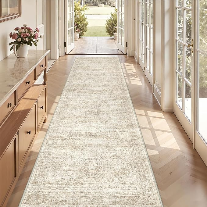 3x10 Runner Rug Non Slip,Washable Hallway Runner Rug,Beige | Long Neutral Rugs for Kitchen,Entryway,Bedroom,Bathroom,Laundry Room,Thin,Soft Runner Rug,Stain Resistant Indoor Carpet