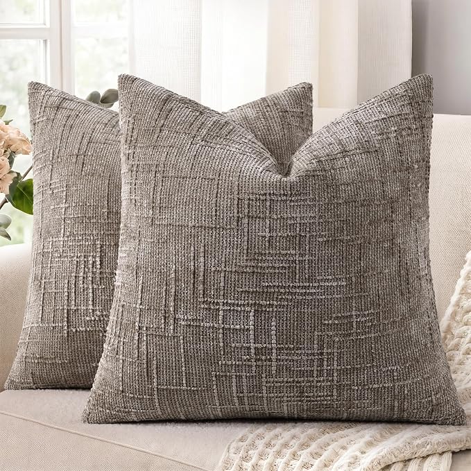 decorUhome Textured Chenille Throw Pillow Covers 20x20 Set of 2 Taupe | Fall Modern Farmhouse Soft Cozy Slubby Couch Pillow Cases Boho Decorative Pillow Cases for Bed Sofa Living Room Home Decor