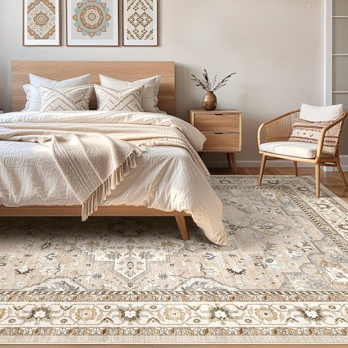 8x10 Area Rugs Living Room: Washable Boho Large Neutral Vintage Soft Rug Stain Resistant Farmhouse Non-Slip Indoor Floor Carpet for Bedroom Nursery Kids Playroom Office Dining Room- Beige Grey