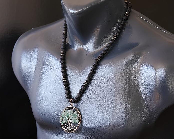 ElisaJewelryArt - Natural Labradorite Big Tree Of Life Black Lava Stone Beaded Necklace Genuine Gemstone Energy Stone Clasp Closure Necklace Unisex Necklace