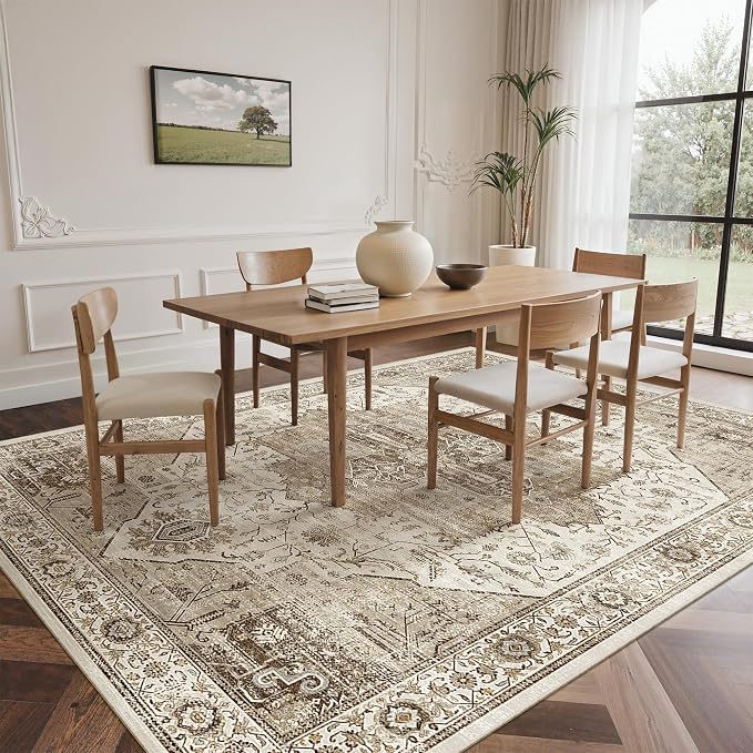 Roxstand Living Room 6x9 Washable Area Rugs, White/Brown | Large Area Rug, Non-slip Backing, Super-Soft Floral Vintage, Low Pile, For Living Room, Bedroom, Dining Room, Office