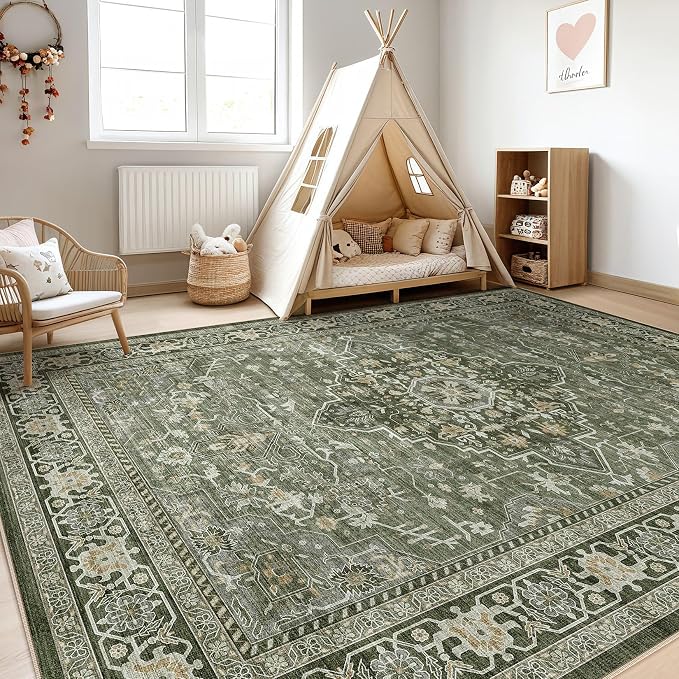 6x8 Area Rug Living Room: Washable Boho Large Neutral Vintage Soft Rugs Stain Resistant Farmhouse Non Slip Indoor Floor Carpet for Bedroom Nursery Kids Playroom Office Dining Room Home- Dark Green
