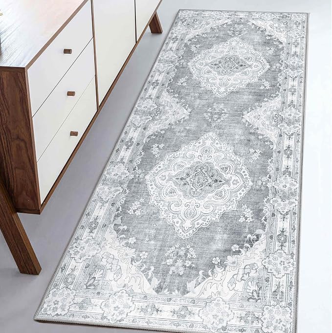 MUJOO Grey Runner Rug Washable 2x6 Area Rugs Non Slip Low-Pile Floral | Long Throw Carpet for Hallways Entryway Kitchen Bathroom Bedside Bedroom Laundry Boho Soft Indoor Vintage Bohemian Flowers
