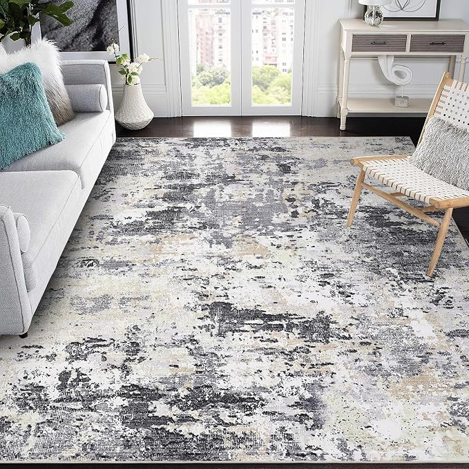 ROYHOME 9x12 Modern Abstract Accent Rug for Living Room Stain Resistant Non Slip Low Pile Accent Bedroom Rug Indoor Floor Cover for Office Home Decor, Black Yellow