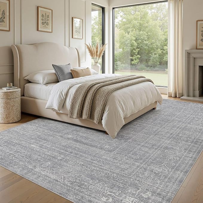Nakagishi 12x15 Area Rugs Living Room: Washable Large Vintage Rug Neutral Non-Slip Soft Stain Resistant Indoor Carpet for Bedroom Nursery Dining Room Office Playroom - Grey