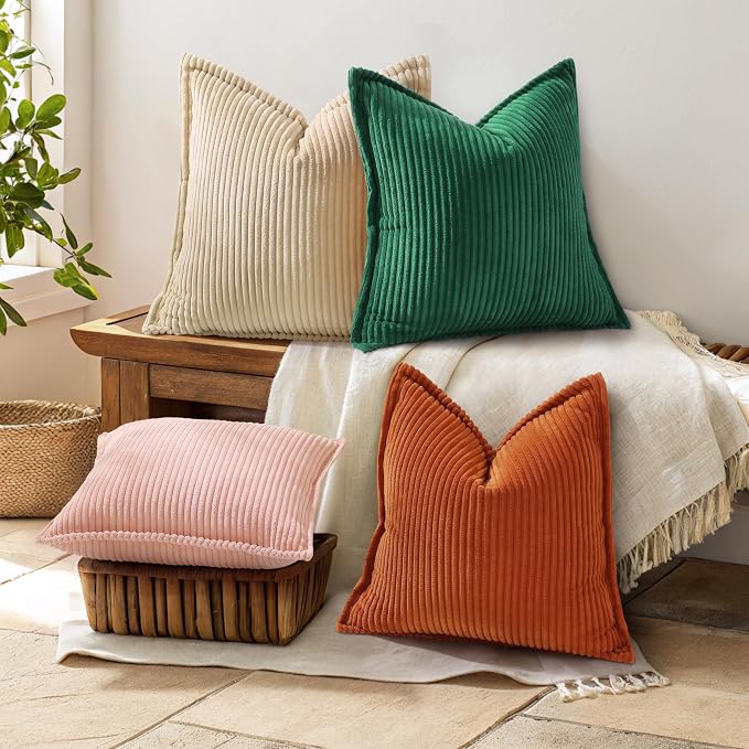decorUhome Fall Corduroy Green Throw Pillow Covers 12x20 Set of 2 | Lumbar Couch Decorative Soft Modern Boho Farmhouse Pillow Covers Broadside Striped Pillow Cases for Living Room Bed Sofa