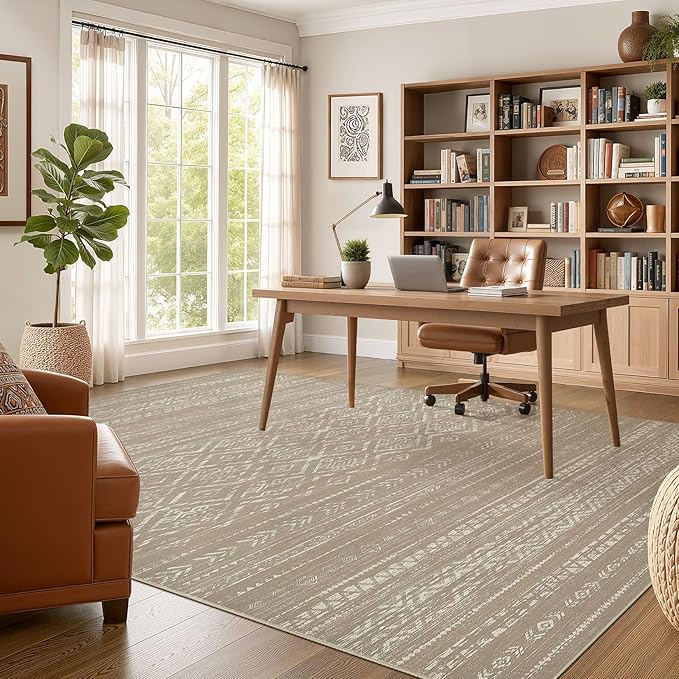 Nakagishi Area Rug Living Room Rugs: 8x10 Large Soft Machine Washable Boho Moroccan FarmNeutral Stain Resistant Indoor Floor Carpet for Bedroom Under Dining Table Home Office Decor-Dark Brown