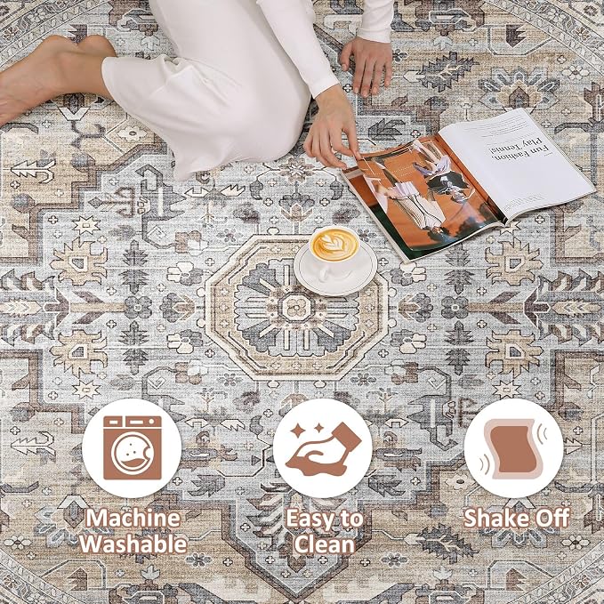 Round Rug Living Room Rugs: 10x10 Washable Boho Neutral Large Circle Soft Indoor Distressed Stain Resistant Floor Farmhouse Carpet for Bedroom Nursery Kids Playroom Office Dining Room Dorm- Cream Gray