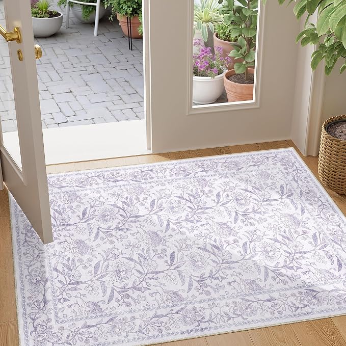 DUKINO 2x3 Rug, Washable Vintage Floral Bathroom Rugs Non Slip, Purple | Low Pile, Stain Resistant Boho Soft Indoor Door Mat, Small Front Door Carpet for Entryway Kitchen Laundry Bedroom Farmhouse
