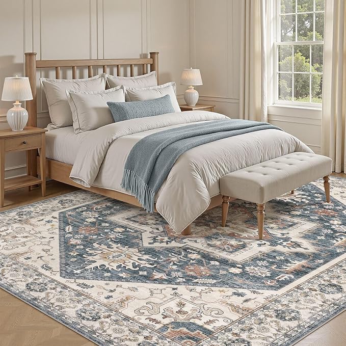 9x12 Area Rugs for Living Room - Large Carpet Ultra Thin Soft Washable Oriental Vintage Floral Distressed Rug Big Indoor Carpets for Bedroom Nursery Dorm Home Decor Aesthetic - Vintage Blue