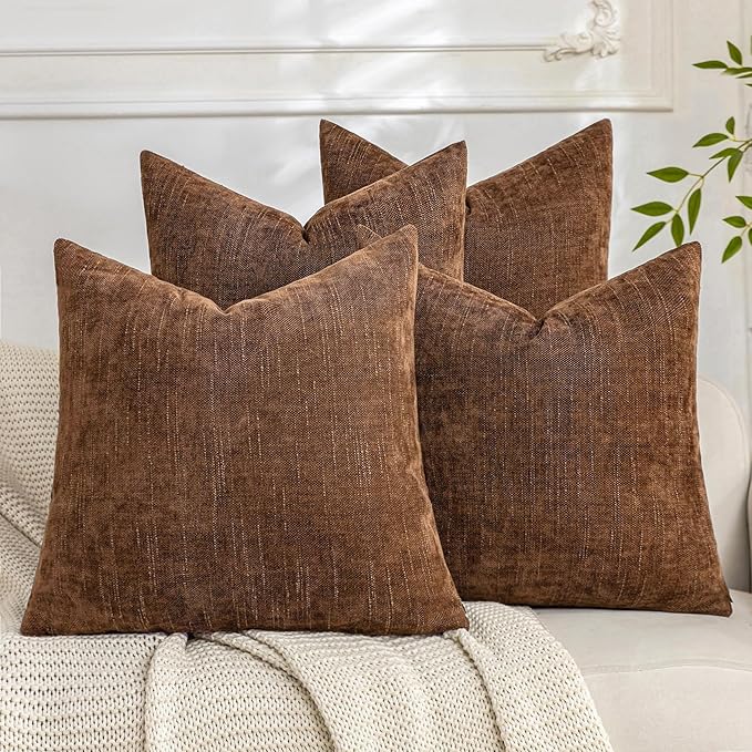 Set of 4 Soft Textured Decorative Throw Pillow Covers 16x16 Inch Cozy Farmhouse Cushion Cover Square Accent Pillow Cases for Bed Couch Sofa Living Room, Brown
