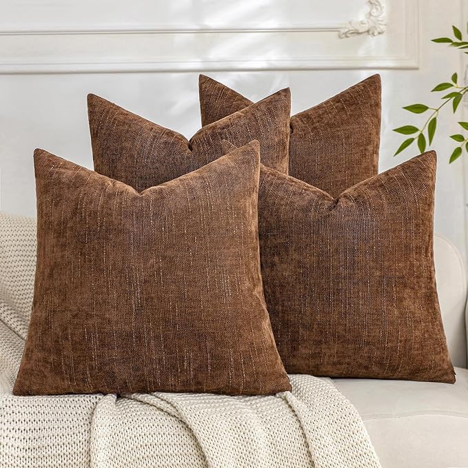 Set of 4 Soft Textured Decorative Throw Pillow Covers 26x26 Inch Cozy Farmhouse Cushion Cover Square Accent Pillow Cases for Bed Couch Sofa Living Room, Brown