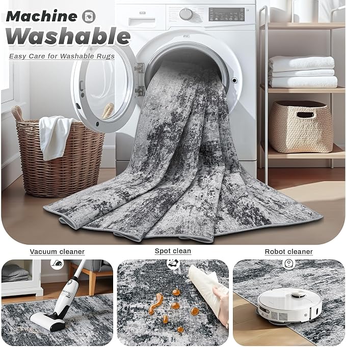 pmtsns Area Rugs 9x12 for Living Room: Washable Rug Modern Abstract Neutral Soft Non-Slip Low-Pile Indoor Large Carpet for Bedroom Dining Room Playroom Home Office (Black Grey, 9'x12')