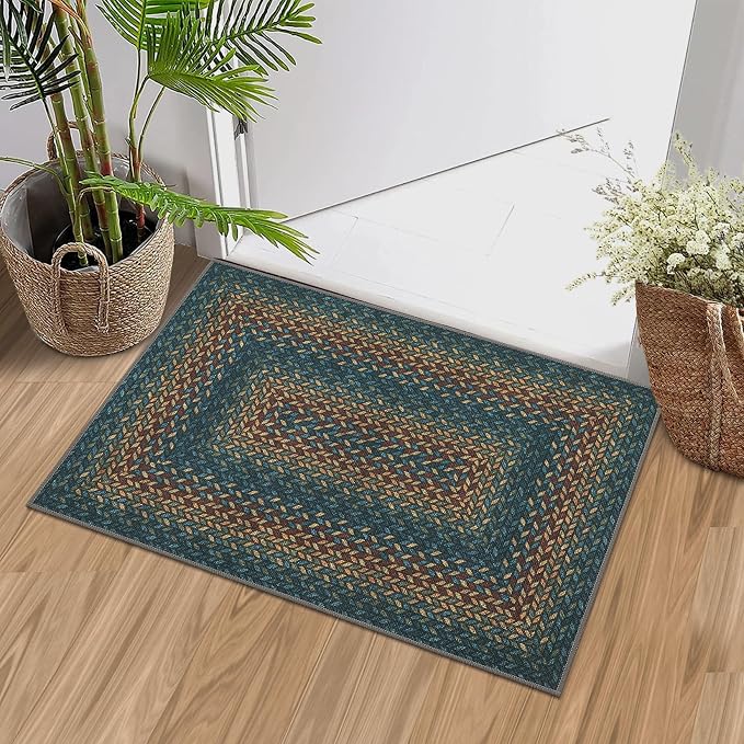 GarveeHome 2x3 Small Area Rug Entryway Easy Jute Door Mat Washable Rugs | Non Slip Stain Resistant Modern Dining Room Throw Carpets Tan Contemporary Area Rugs for Kitchen Bedroom Nursery, Navy/Rust