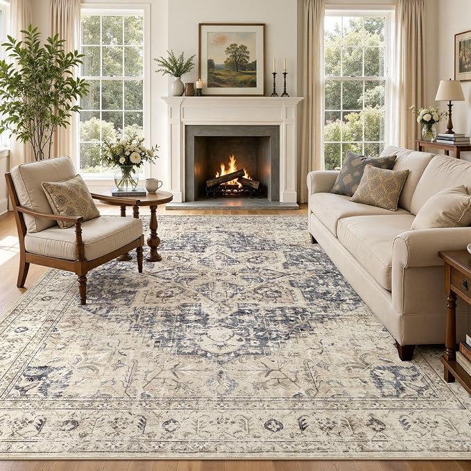 Tortania Area Rug Living Room Rugs - 8x10 Washable Boho Rug Vintage Oriental Distressed Farmhouse Large Thin Indoor Carpet for Living Room Bedroom Under Dining Table Home Office - Cream Blue