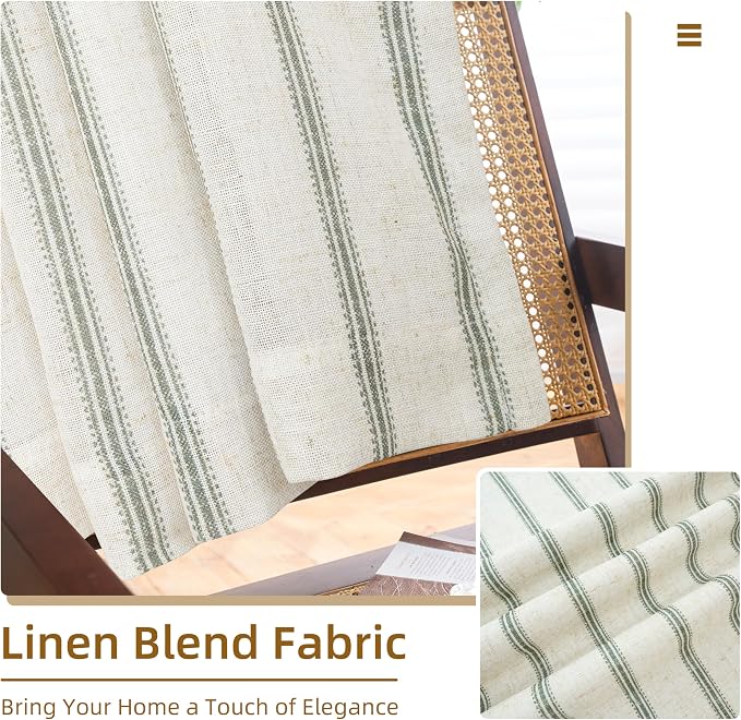 DriftAway Farmhouse Stripe Blackout Curtains, Grommet, W52xL84, Loden Green | Blackout, Linen Texture, Stripe Pattern, Rod Pocket & Back Tab, Two Layers, Bedroom Living Room Use, Sound Reducing Design
