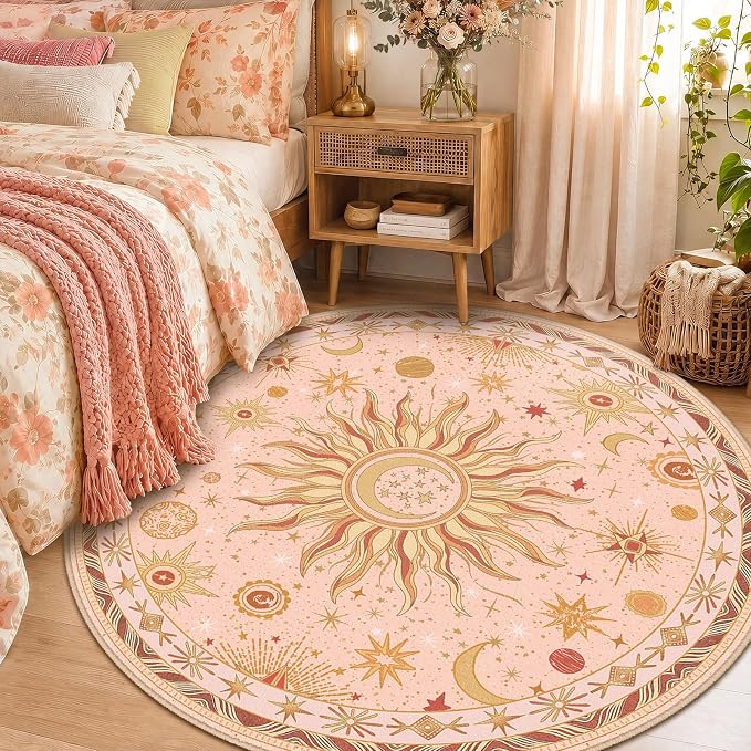 Vacuum-Friendly, Round 6ft Washable Area Rug, Pink Gold Beige Red | Sun and Moon Boho Gothic Non-Slip Low Pile Living Roon Bedroom Dining Room Kitchen Entry Entryway Entrance Hallway Doormat