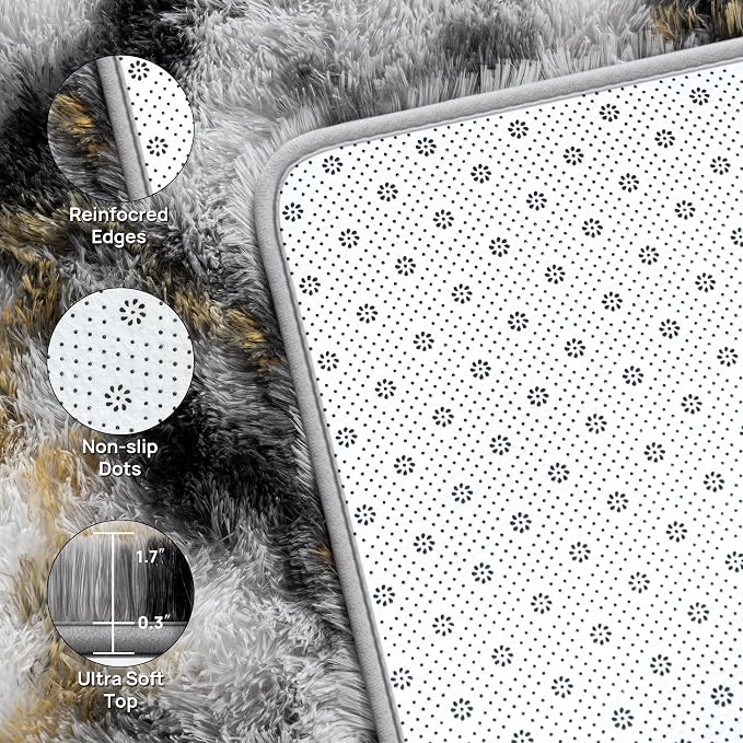 Deerhoo Large Shag Area Rugs 5 x 8, Tie-Dyed Plush Fuzzy Rugs for Living Room, Ultra Soft Fluffy Furry Rugs for Bedroom, Anti-Skid Indoor Carpet Nursery Rugs for Kids Room Home Decor, Black white gold