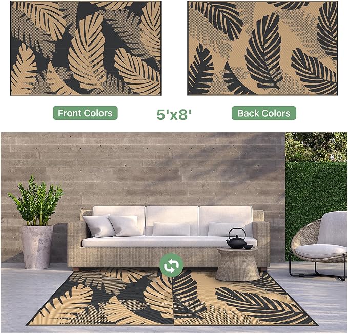 GENIMO Outdoor Rug, Waterproof Plastic Rugs for Patio, 5'x8' Black Brown | Outside Larger Leaf Carpet Mat for Porch Decor, Deck, Balcony, Camping, RV, Backyard, Picnic, Beach, Reversible, Foldable